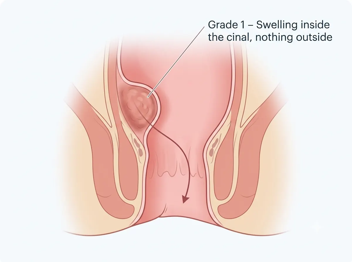 Grade 1 piles diagram showing swelling inside the anal canal with nothing outside