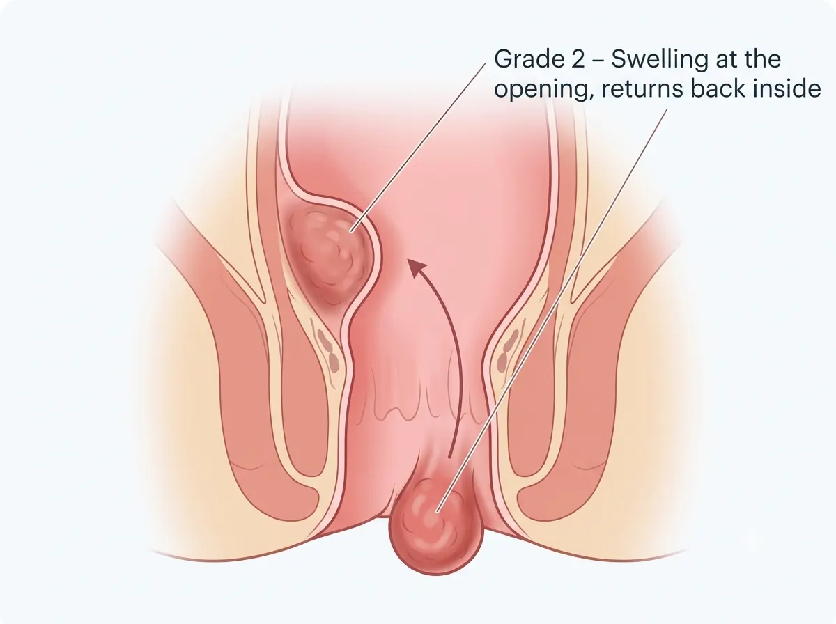 Grade 2 piles diagram showing swelling at the opening that returns back inside on its own