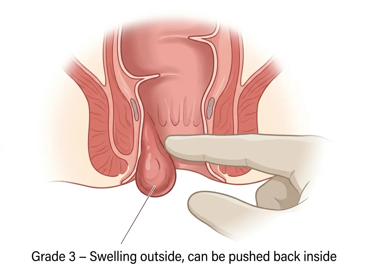 Grade 3 piles diagram showing swelling outside the anus being pushed back in by hand