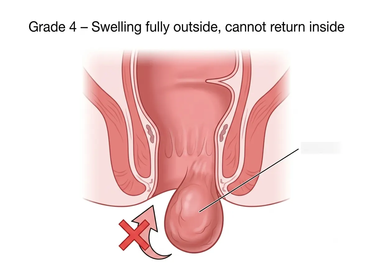 Grade 4 piles diagram showing swelling permanently outside that cannot return inside
